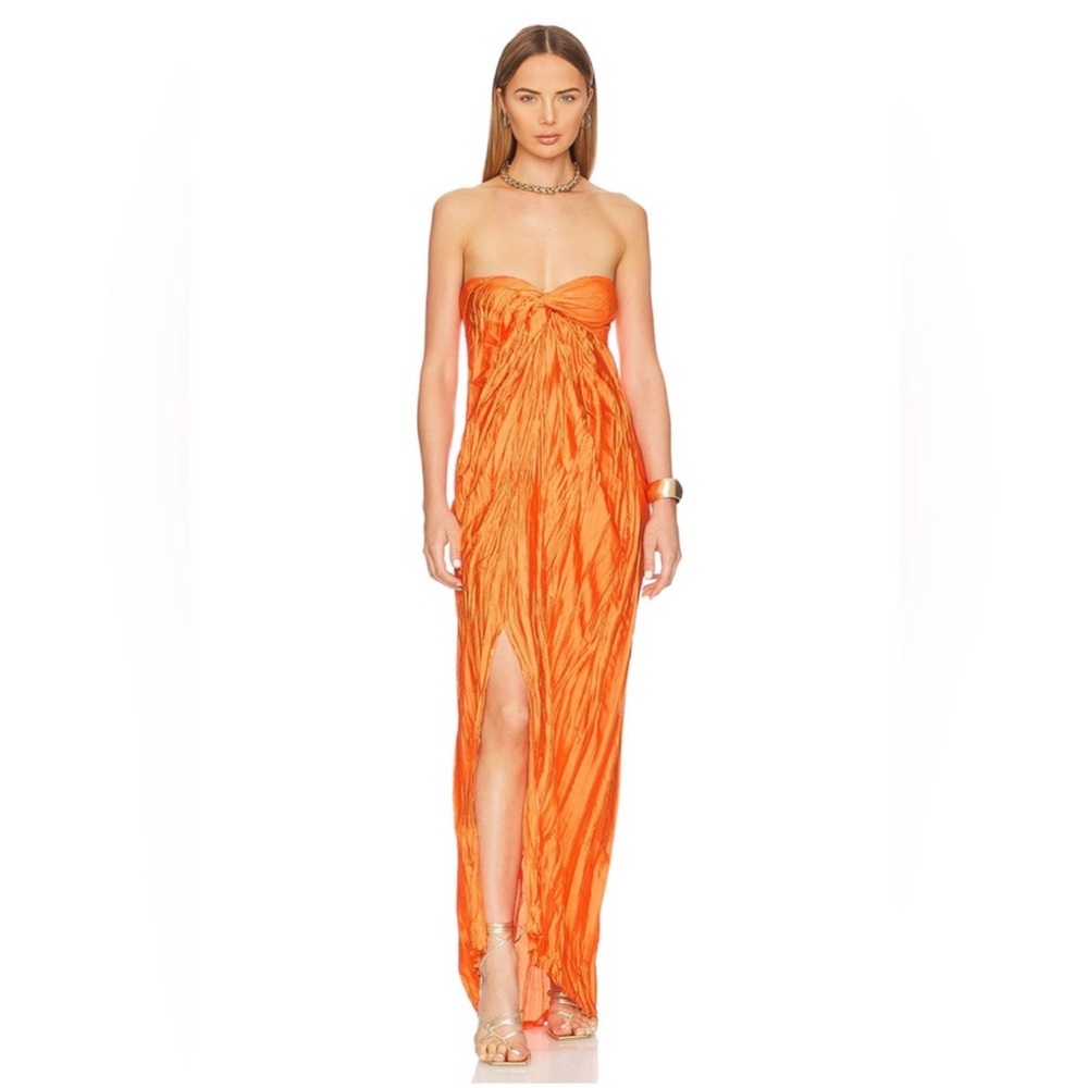 Baobab Collection Orange Strapless Crinkle Maxi Dress with Front Slit